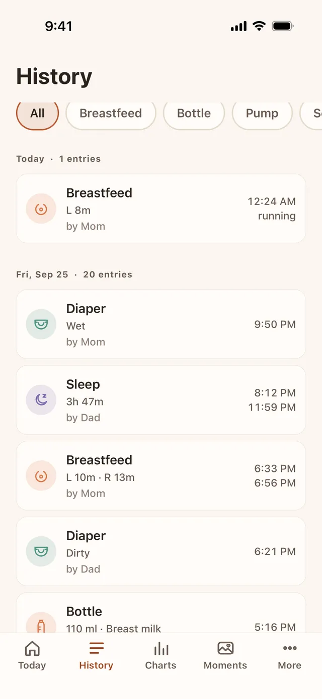 Baton's History screen on iPhone, listing a day's entries with times and who logged them: diapers marked wet or dirty, sleep, breastfeeds and a bottle of breast milk.