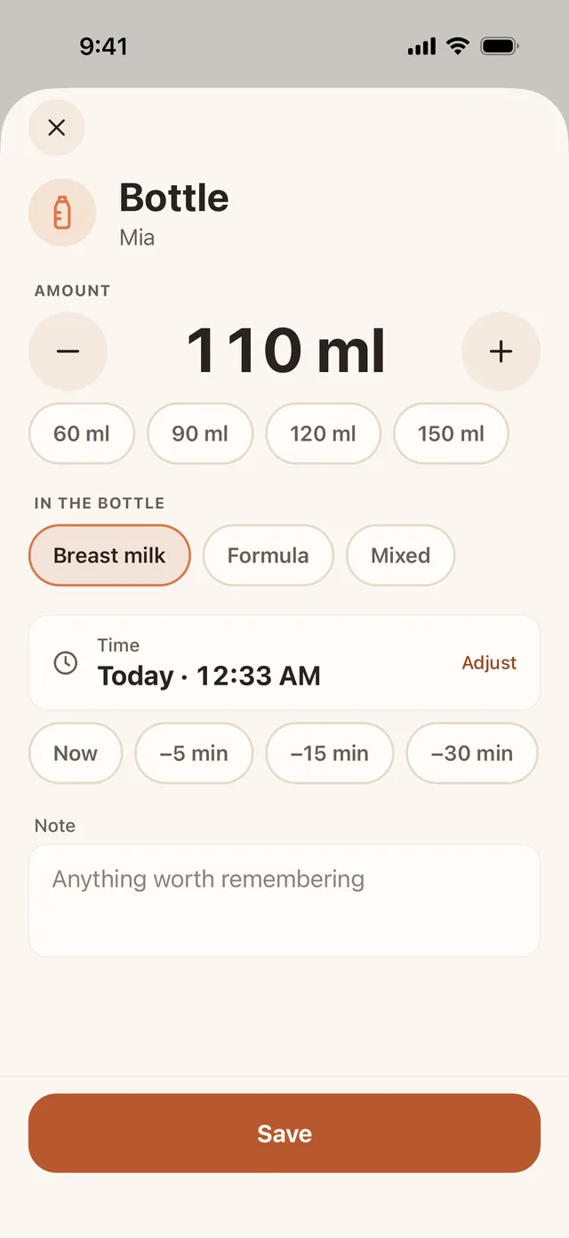 Baton's Bottle sheet on iPhone: an amount of 110 ml with minus and plus buttons and quick amounts of 60, 90, 120 and 150 ml, a choice of Breast milk, Formula or Mixed, the time with Now, −5, −15 and −30 minute buttons, a note field and a Save button.