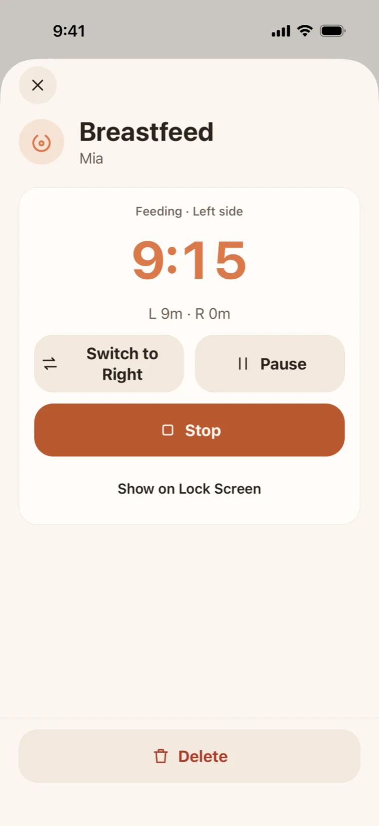 Breastfeeding timer screen: 9:15 on the left side, with Switch to Right, Pause and Stop buttons