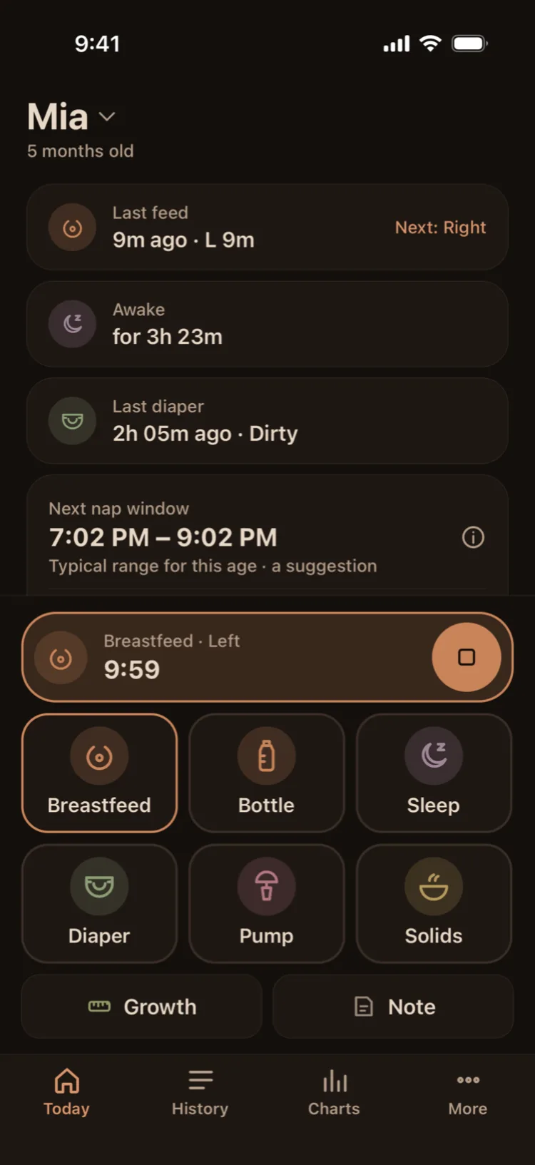 Today screen in night mode, dark brown background with cream text, showing a suggested next nap window